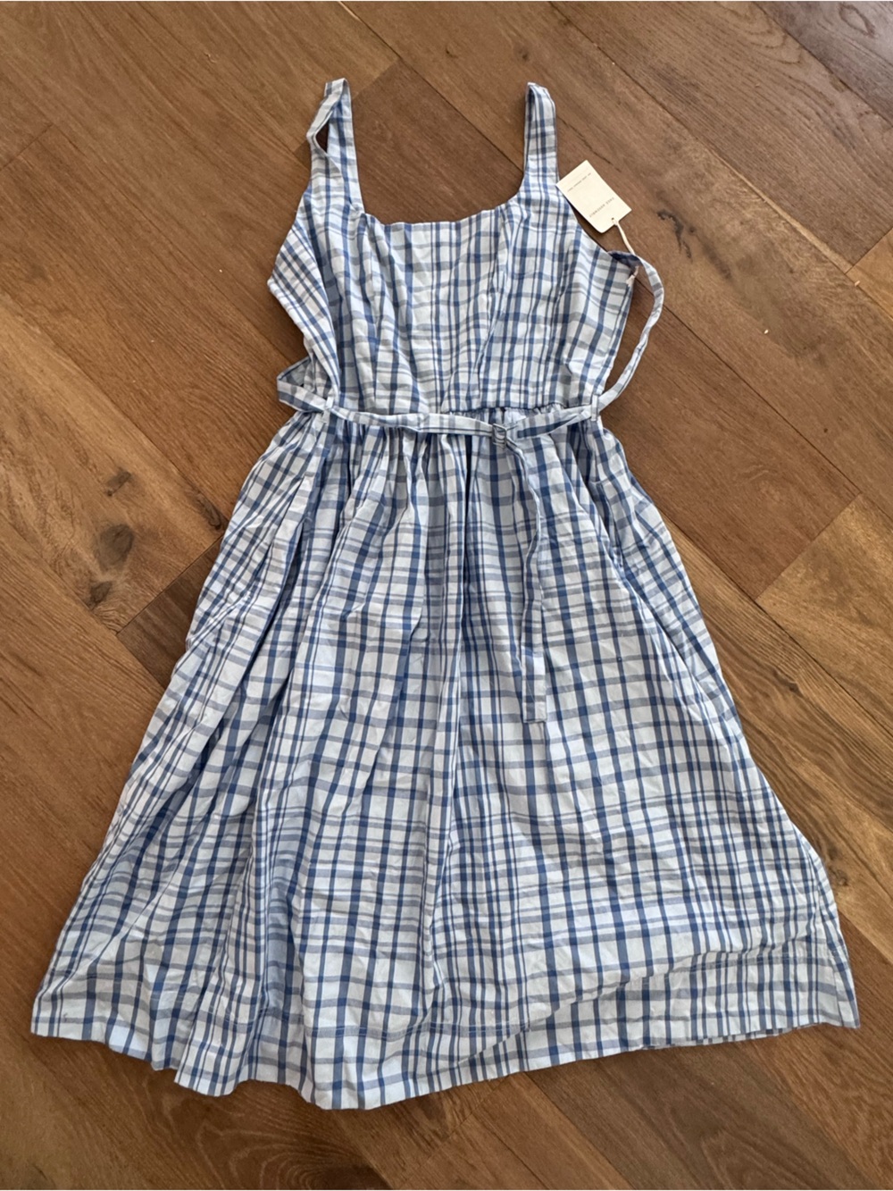 Blue Plaid Midi Dress with Waist Tie